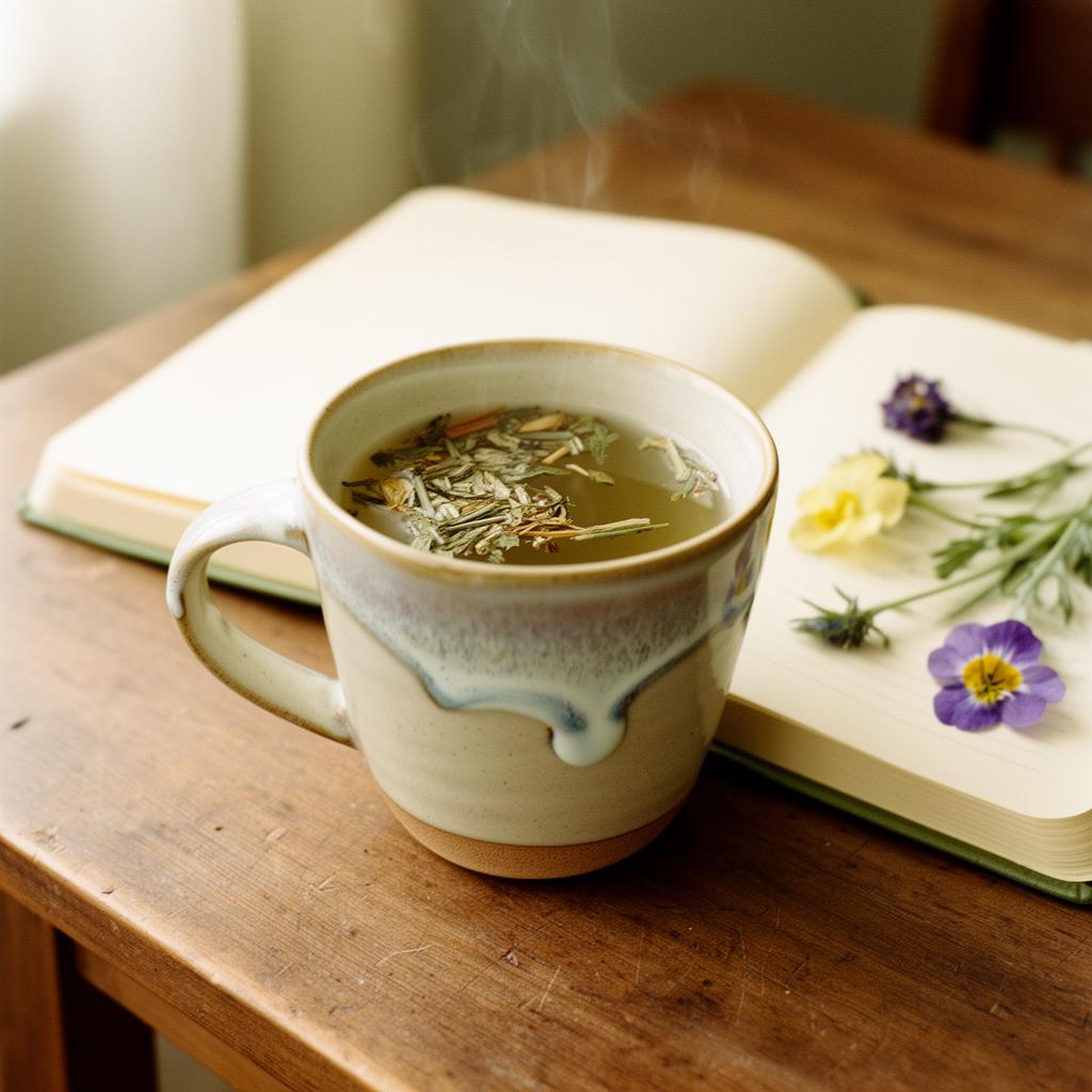 A handmade ceramic cup of herbal tea beside an open journal